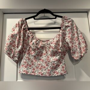 New Lush White Crop Top with Pink and Green Floral Print - Size M
